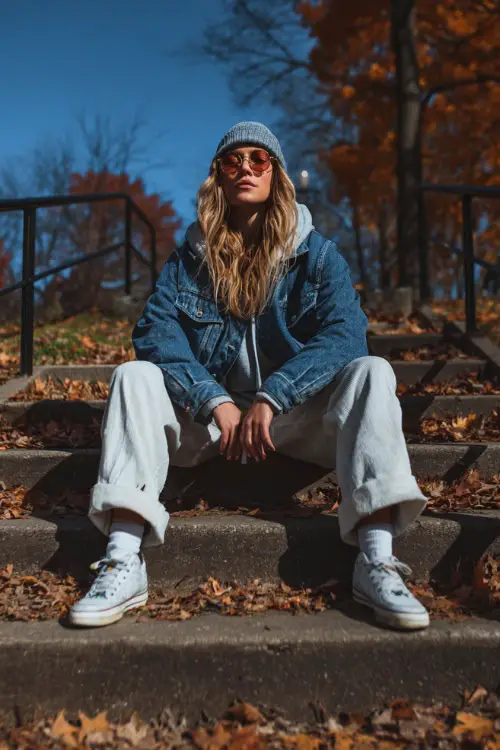 Woman in a denim jacket layered over hoodie, wide-leg pants, and sneakers, sitting on park stairs covered in fallen leaves 