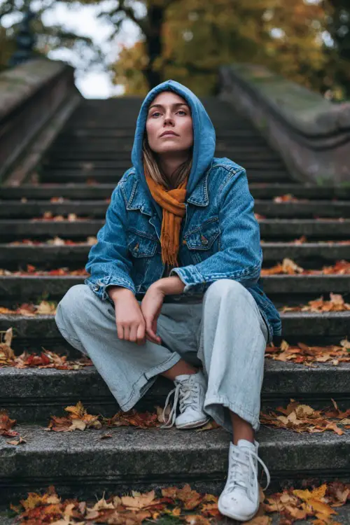 Woman in a denim jacket layered over hoodie, wide-leg pants, and sneakers, sitting on park stairs covered in fallen leaves 