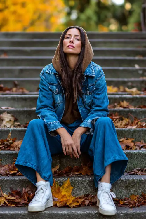 Woman in a denim jacket layered over hoodie, wide-leg pants, and sneakers, sitting on park stairs covered in fallen leaves