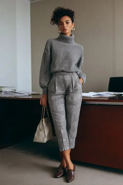 Woman in a knit turtleneck sweater tucked into high-waisted plaid trousers, loafers, and a structured handbag