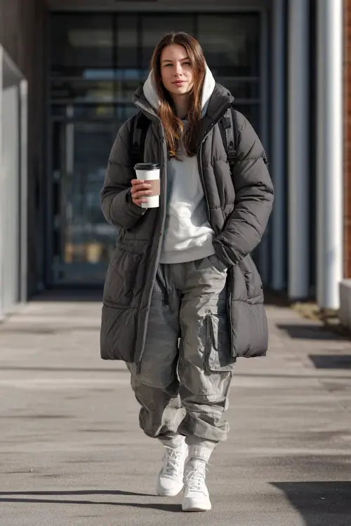 Woman in a long padded coat, cargo pants, and white sneakers, holding a coffee cup and backpack on her shoulder while walking between school buildings