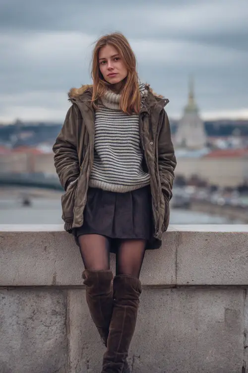 Woman in a parka jacket, striped sweater, wool skirt, tights, and knee-high boots, standing on a city bridge in chilly weather 