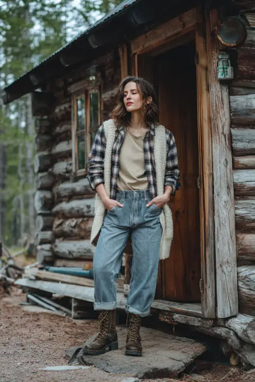 Woman in a plaid flannel shirt, cream cardigan, high-waisted jeans, and combat boots, standing near a rustic wooden cabin surrounded by pine trees
