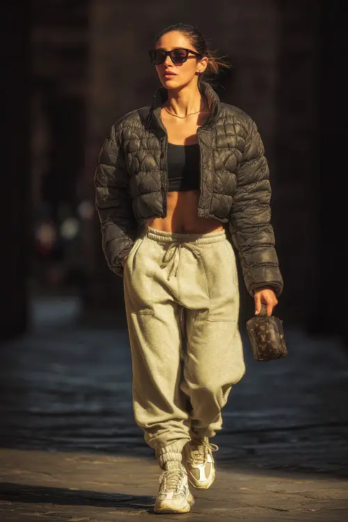 Woman in a quilted cropped jacket, jogger pants, and high-top sneakers, carrying a mini handbag and wearing sleek sunglasses on a cold morning street 