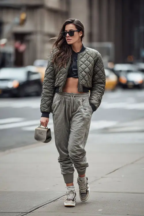 Woman in a quilted cropped jacket, jogger pants, and high-top sneakers, carrying a mini handbag and wearing sleek sunglasses on a cold morning street 