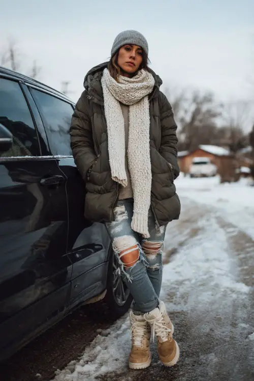 Woman in a quilted down jacket, oversized scarf, ripped jeans, and snow boots, standing near a parked car in a cold suburban street 