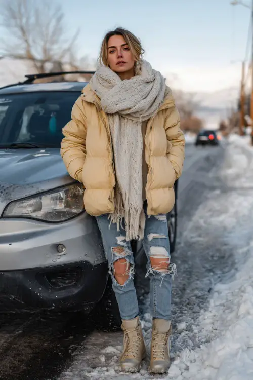 Woman in a quilted down jacket, oversized scarf, ripped jeans, and snow boots, standing near a parked car in a cold suburban street 