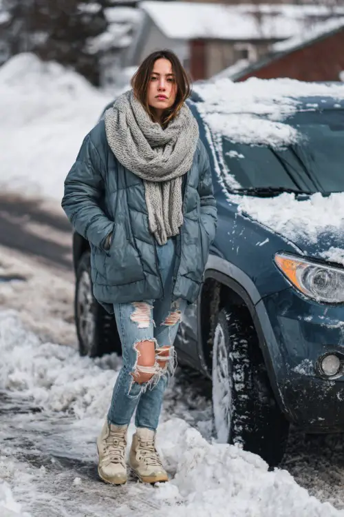 Woman in a quilted down jacket, oversized scarf, ripped jeans, and snow boots, standing near a parked car in a cold suburban street 