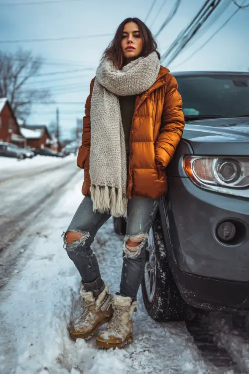 Woman in a quilted down jacket, oversized scarf, ripped jeans, and snow boots, standing near a parked car in a cold suburban street