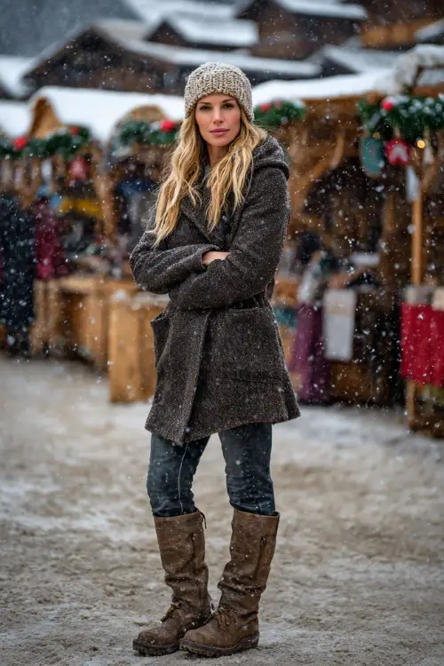 Woman in a wool peacoat, knitted hat, jeans, and leather boots, standing beside a decorated winter market with snow falling softly