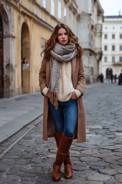 Woman wearing a beige oversized sweater, blue skinny jeans, and knee-high brown boots, layered with a long wool coat and knit scarf, standing on a cobblestone street in fall 