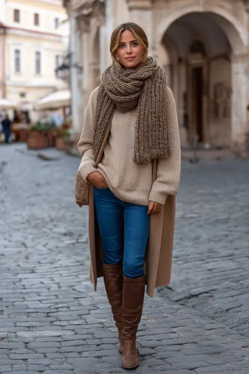 Woman wearing a beige oversized sweater, blue skinny jeans, and knee-high brown boots, layered with a long wool coat and knit scarf, standing on a cobblestone street in fall