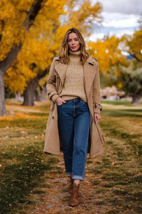 Woman wearing a camel trench coat, knit turtleneck sweater, straight-leg jeans, and ankle boots, walking through a park with golden fall leaves
