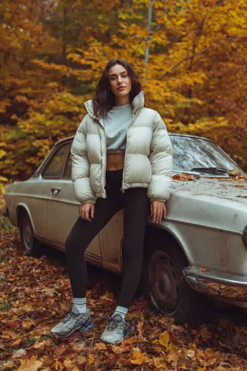 Woman wearing a cropped puffer jacket, sweatshirt, leggings, and sneakers, standing beside a vintage car surrounded by fall leaves