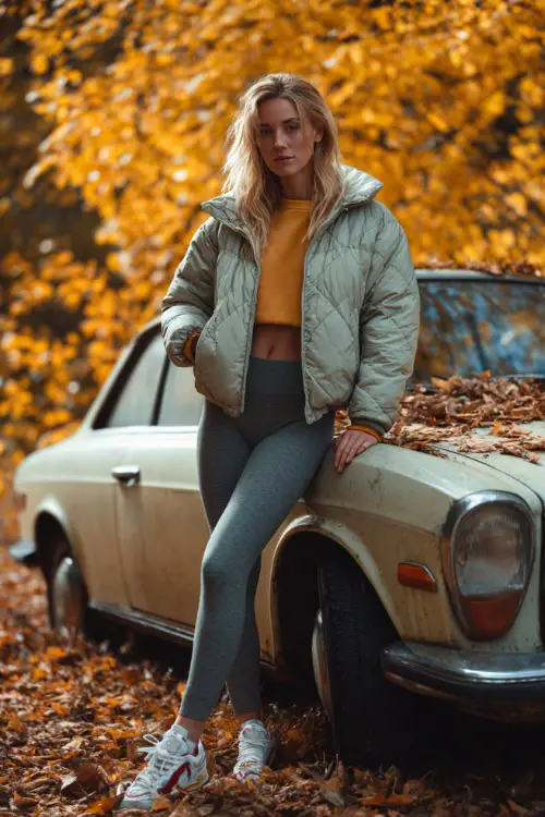 Woman wearing a cropped puffer jacket, sweatshirt, leggings, and sneakers, standing beside a vintage car surrounded by fall leaves