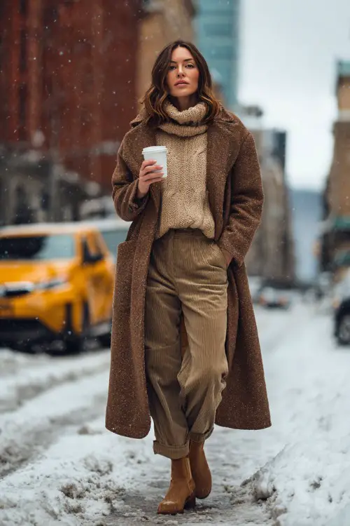 Woman wearing a long wool coat, chunky turtleneck sweater, tailored trousers, and ankle boots, standing on a snowy city street holding a coffee cup