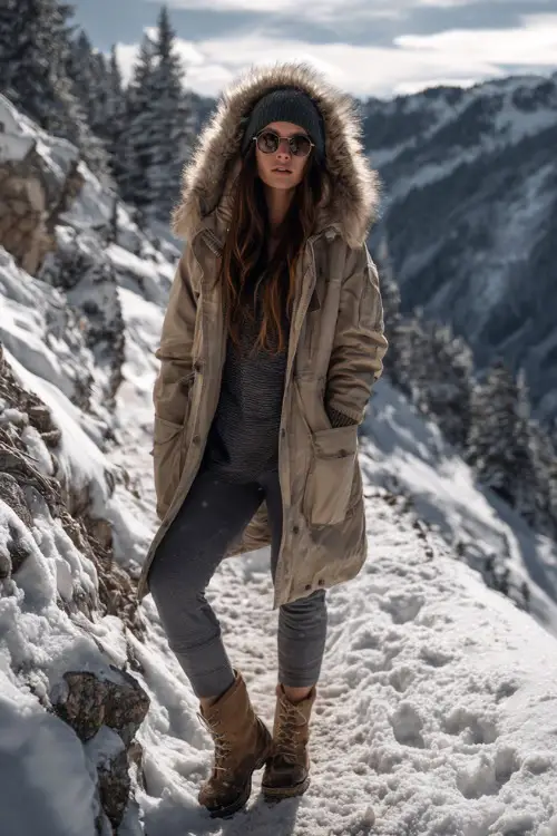 Woman wearing a parka jacket with faux fur hood, wool leggings, lace-up boots, and a beanie, standing beside a snow-covered mountain trail 