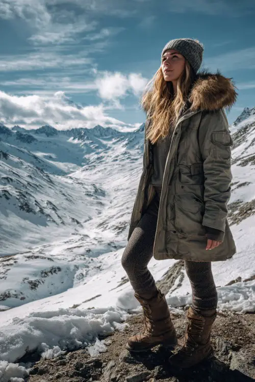 Woman wearing a parka jacket with faux fur hood, wool leggings, lace-up boots, and a beanie, standing beside a snow-covered mountain trail