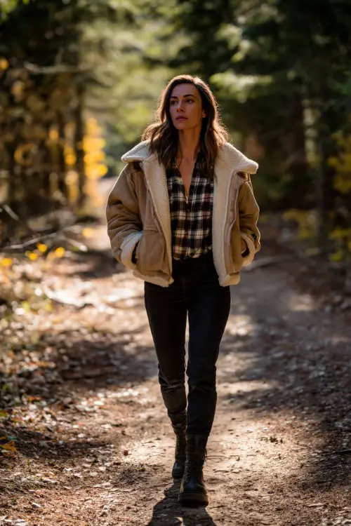 Woman wearing a shearling jacket, plaid shirt, black jeans, and combat boots, walking in a forest path with sunlight filtering through fall trees 