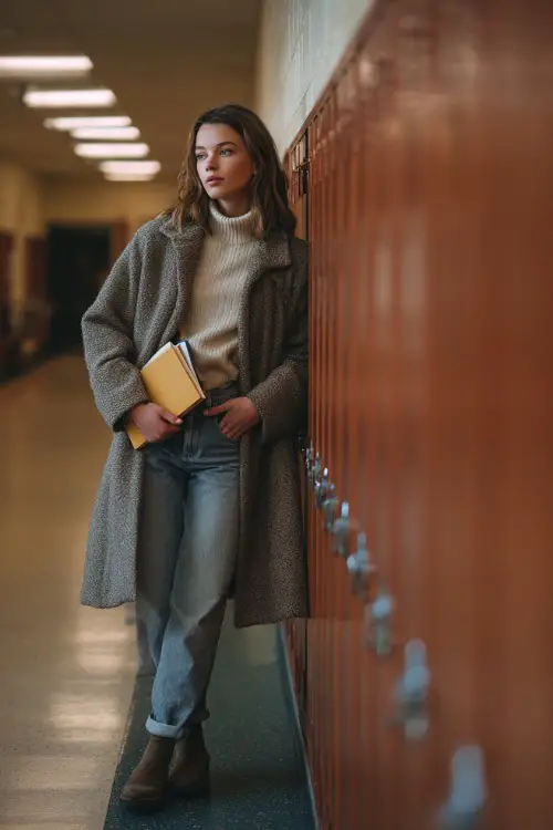 Young woman in a wool coat, turtleneck sweater, straight-leg jeans, and ankle boots, holding books while standing near school lockers 
