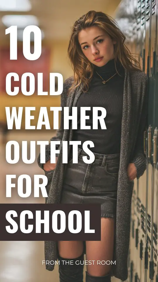 a girl in a cold weather outfit with a long cardigan, turtleneck top, denim skirt, tights, and knee-high boots for school