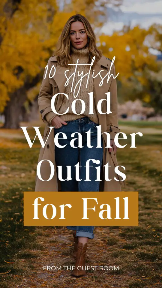 a woman wearing a fall outfit with a camel trench coat, knit turtleneck sweater, straight-leg jeans, and ankle boots for cold weather