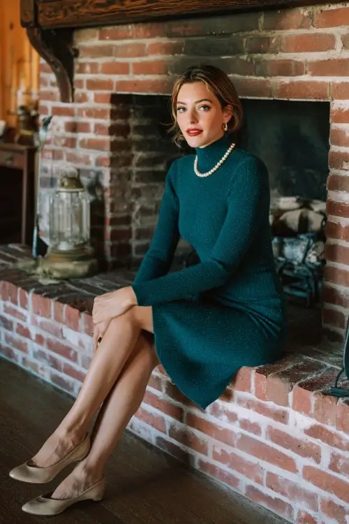 A woman over 30 wears a dark teal sweater dress with a slightly flared skirt and subtle shimmer, paired with Mary Jane shoes and pearl accessories