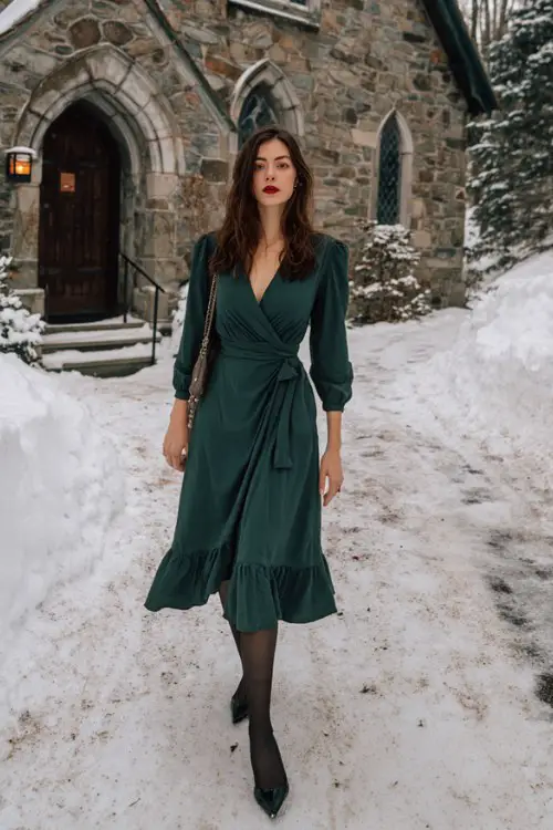 A woman wears a long-sleeve wrap midi dress in forest green with a ruffle hem, styled with sheer black tights and pointed flats