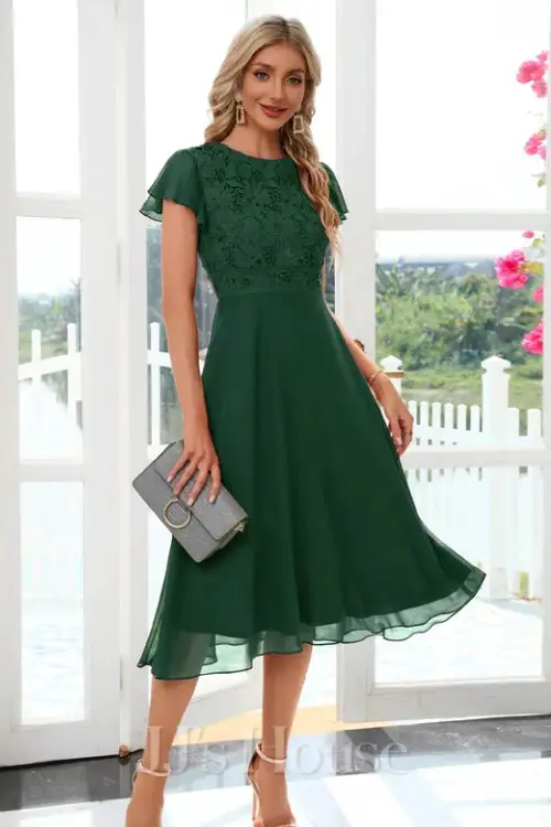 Ruffle Scoop Cap Sleeve Flutter Sleeve A-line Chiffon Lace Midi Dress