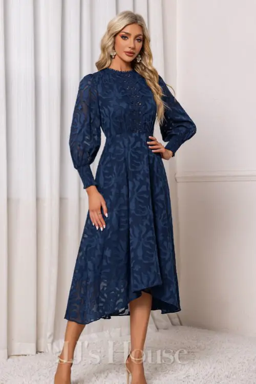 Scoop Long Sleeve A-line Chiffon Asymmetrical Midi Dress