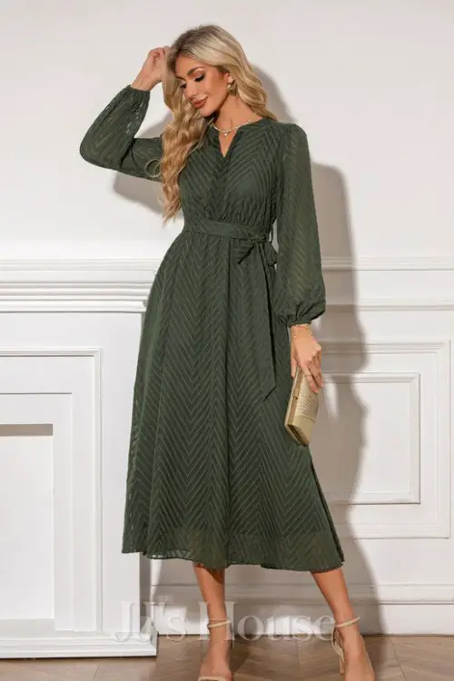 V-Neck Long Sleeve A-line Chiffon Midi Dress