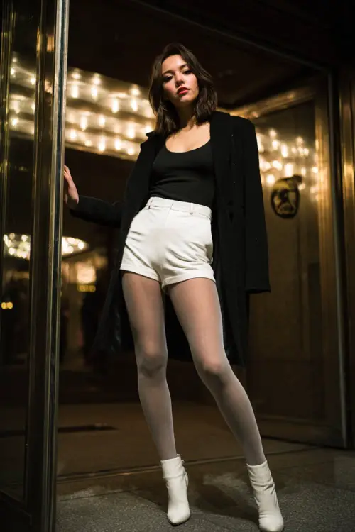 A baddie-style woman in a monochrome winter outfit featuring a fitted top, tailored mini skirt, tights, and heeled ankle boots, layered with a sleek coat