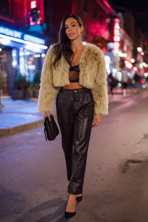 A baddie-style woman wearing a cropped faux fur jacket over a fitted bodysuit, paired with high-waisted leather pants and pointed-toe heels 