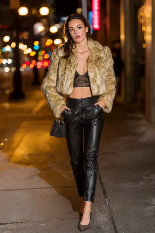A baddie-style woman wearing a cropped faux fur jacket over a fitted bodysuit, paired with high-waisted leather pants and pointed-toe heels