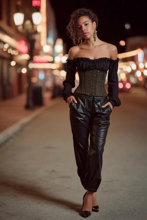 A bold Black woman wearing a corset-style top layered over a long-sleeve blouse, paired with leather pants and heels, accessorized with statement earrings