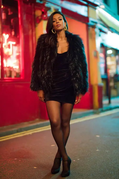 A chic Black woman dressed in a statement faux fur coat worn over a fitted mini dress, paired with tights and platform heels, accessorized with gold hoops 