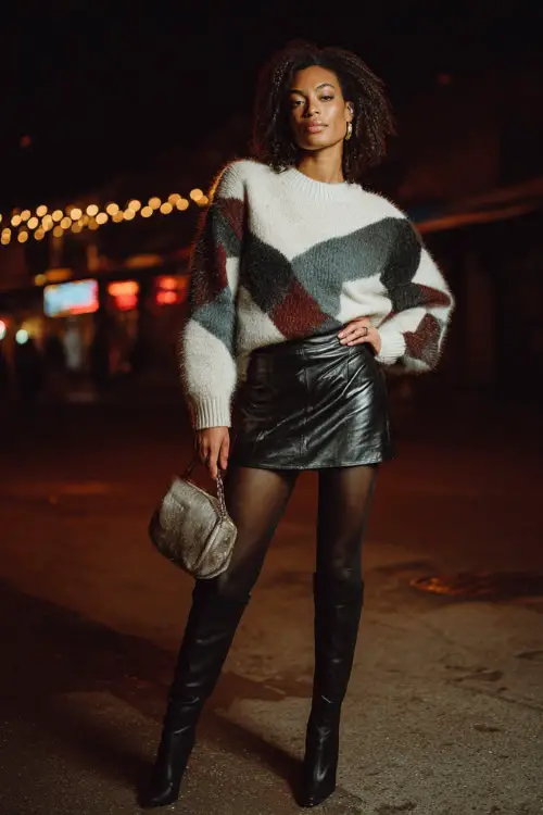 A chic Black woman in a cozy statement sweater tucked into a leather mini skirt, paired with opaque tights and knee-high boots, holding a mini handbag 
