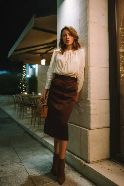 A chic woman in a long sleeve blouse tucked into a high-waisted midi skirt, paired with ankle boots and a structured handbag 