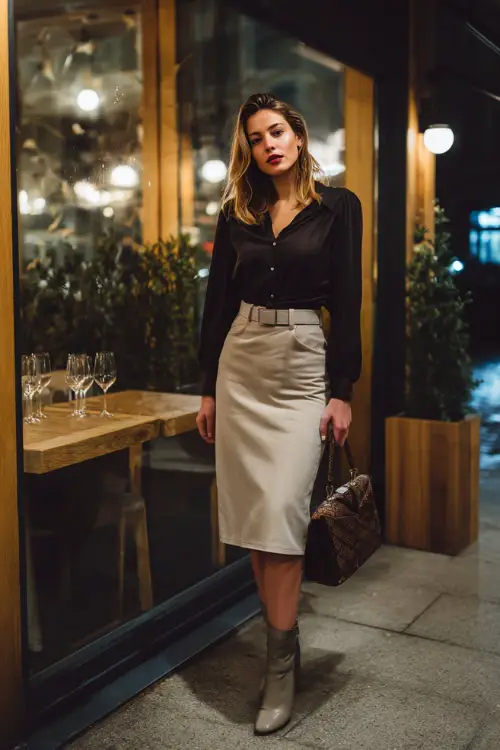 A chic woman in a long sleeve blouse tucked into a high-waisted midi skirt, paired with ankle boots and a structured handbag