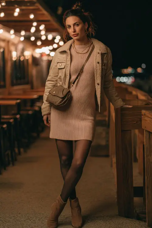A chic woman in a simple knit dress layered with a casual jacket, styled with tights, ankle boots, and a crossbody bag, posing near a relaxed bar setting at night in winter