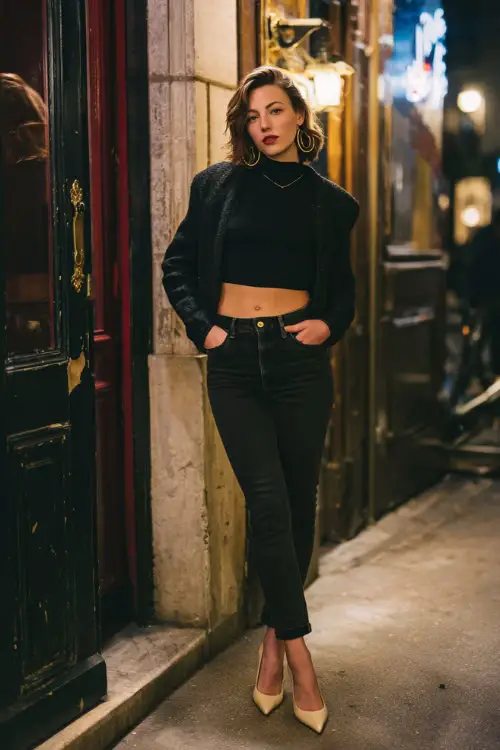 A chic woman in black jeans paired with a fitted long-sleeve top and a cropped jacket, accessorized with hoop earrings and pointed heels 