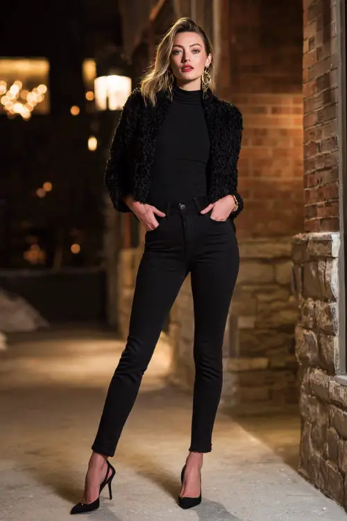 A chic woman in black jeans paired with a fitted long-sleeve top and a cropped jacket, accessorized with hoop earrings and pointed heels 