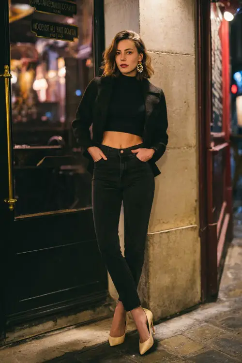 A chic woman in black jeans paired with a fitted long-sleeve top and a cropped jacket, accessorized with hoop earrings and pointed heels