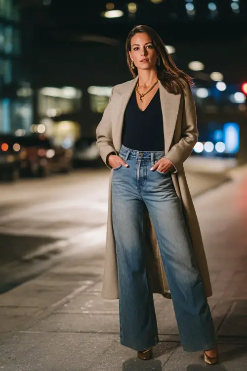 A chic woman in wide-leg jeans styled with a fitted top, layered with a long tailored coat and pointed heels, accessorized with minimal jewelry 