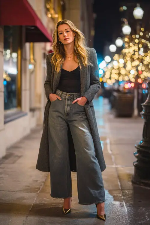 A chic woman in wide-leg jeans styled with a fitted top, layered with a long tailored coat and pointed heels, accessorized with minimal jewelry