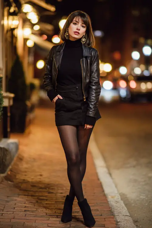 A chic woman wearing a leather jacket layered over a fitted turtleneck, paired with a mini skirt, tights, and heeled boots, accessorized with statement earrings