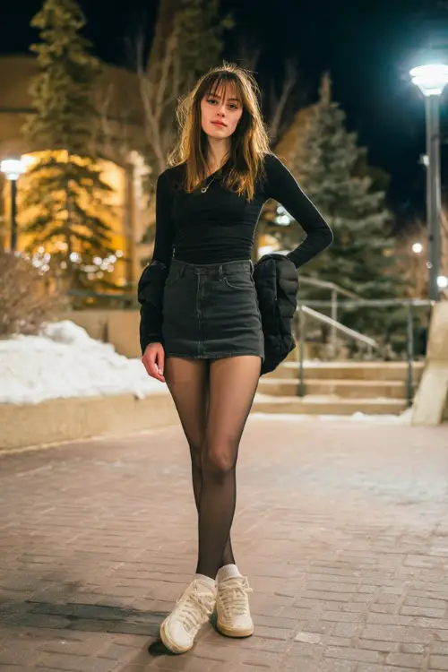 A chic woman wearing a long sleeve top tucked into a denim mini skirt, paired with tights, sneakers, and a casual jacket 
