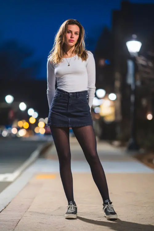 A chic woman wearing a long sleeve top tucked into a denim mini skirt, paired with tights, sneakers, and a casual jacket