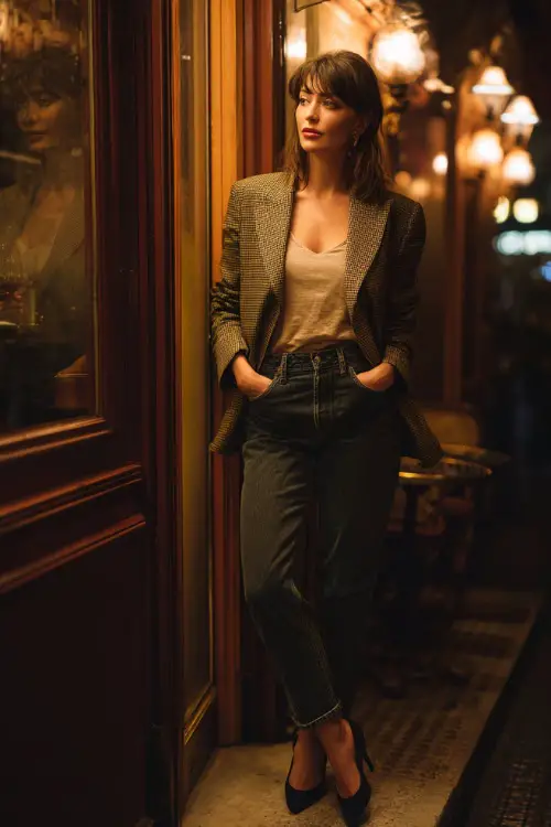 A chic woman wearing a relaxed blazer over a simple top, styled with straight-leg jeans and pointed-toe flats or low heels 