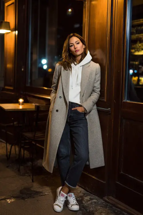 A chic woman wearing a relaxed hoodie layered with a tailored coat, paired with straight-leg jeans and sneakers, posing outside a casual bar at night during winter 